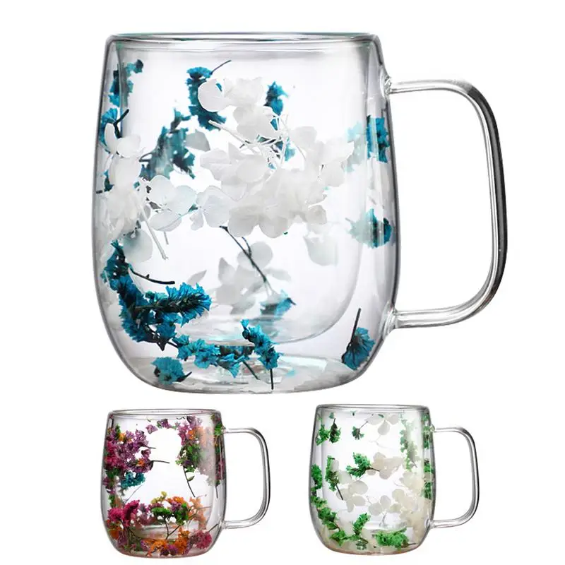 250/390ml Double Wall Glass Mugs Dried Flower Coffee Glass Mug Beverage Glasses Tea Mug Cups Double Wall Glass Mug for Cold