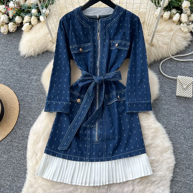 

Autumn New Elegant Women's Denim Dress French Lace Up Waist Show Slim Evening Dress Splicing Pleated Hem Trendy Woman Clothing