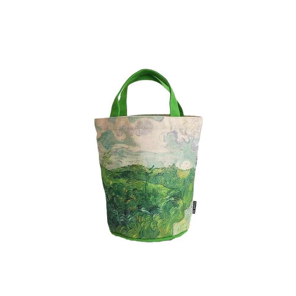 

Large Capaci Canvas Buet Bag Double Handle Outing Lunch Bag Artistic Handheld Retro Sle round Cylinder Soft Foldable Bag
