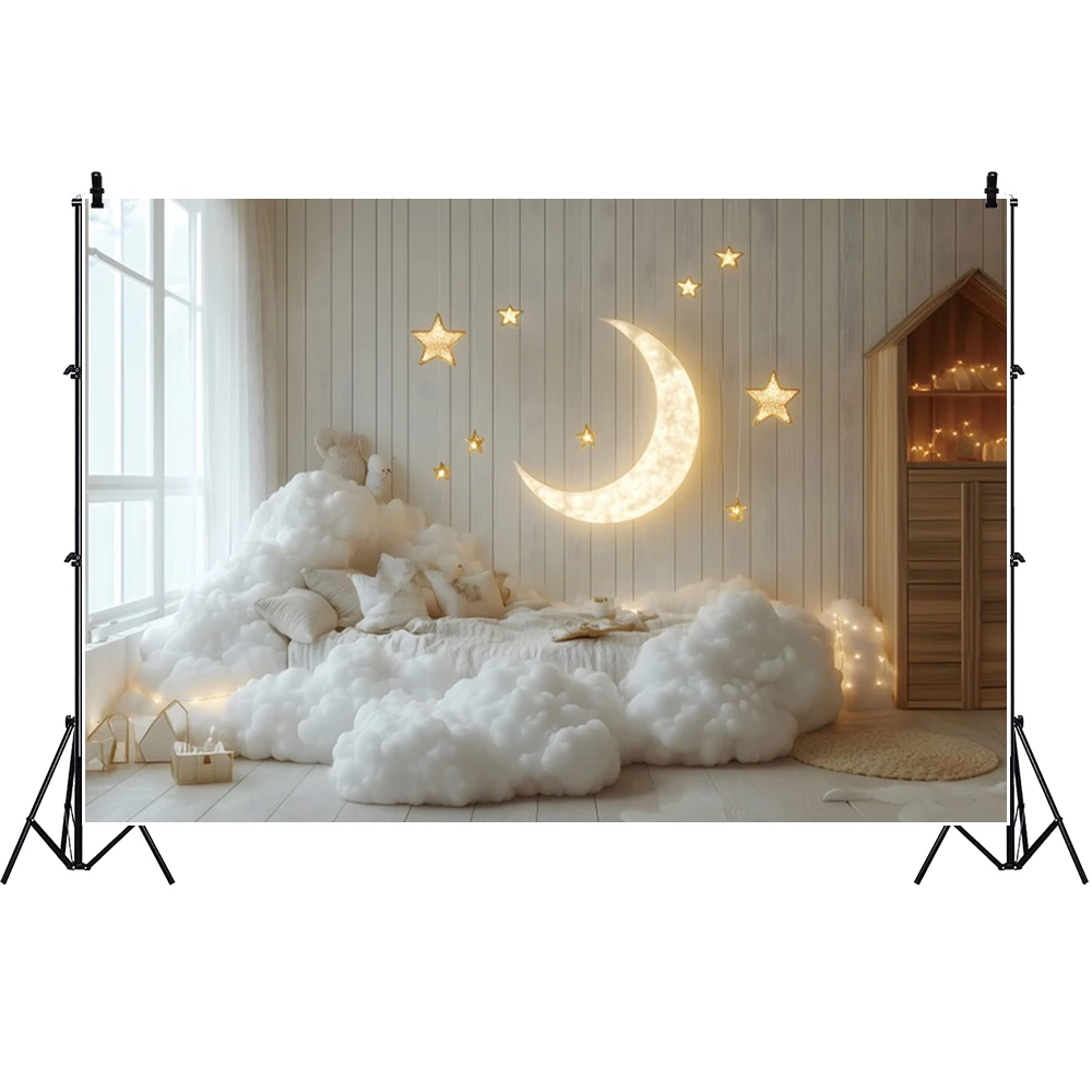 Happy Birthday Photography Backdrop Newborn Party Moon Clouds Background Kids Portrait Cake Smash Photo Banner Studio