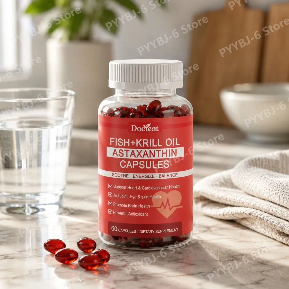 

Fish & Krill Oil with Astaxanthin 60Capsules Natural Dietary Supplement Supports Heart Brain Joint Rich in Antioxidants