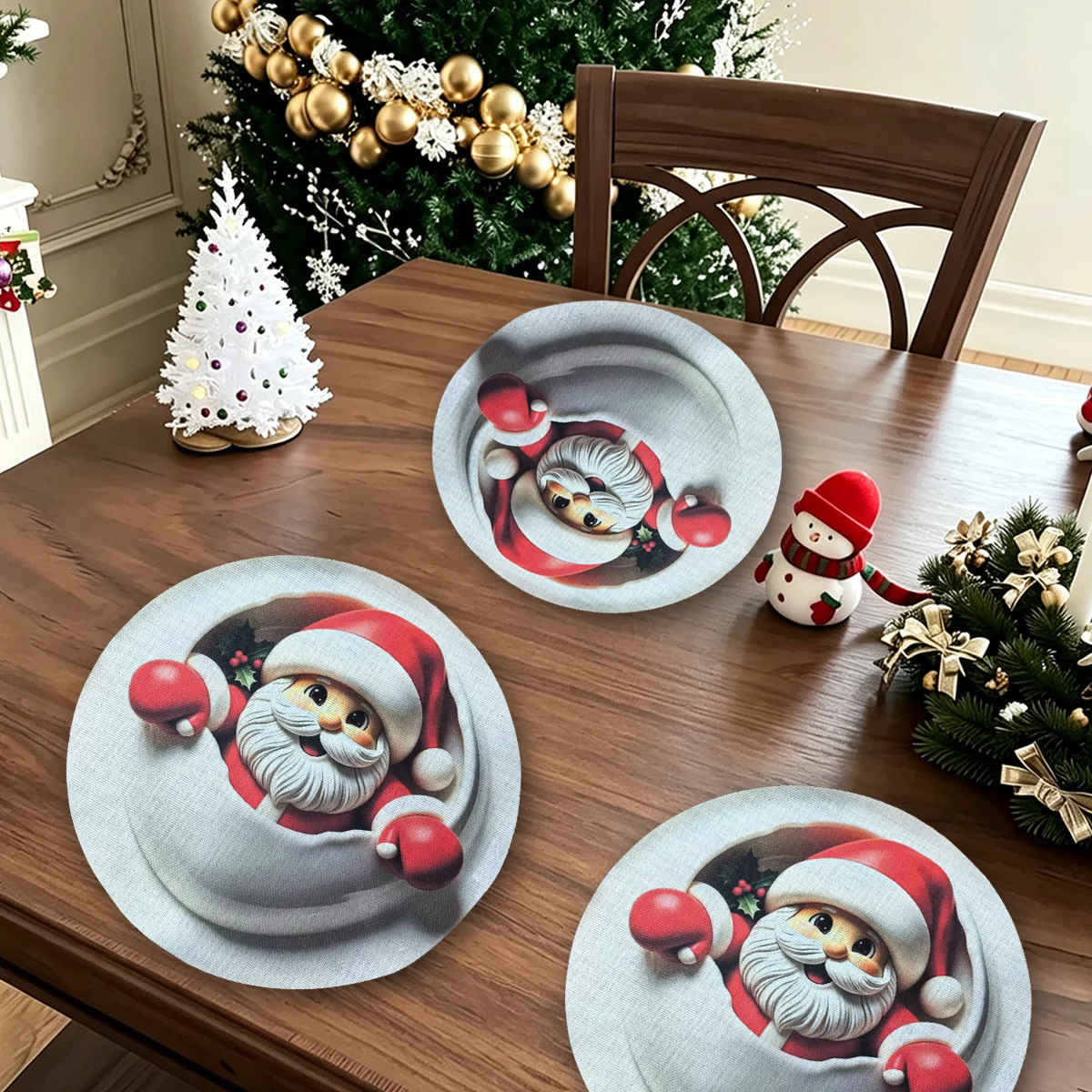 2D Flat Printed White Plate Cute Santa Claus Table Mats For Christmas Party Home Decoration Dining Table Coaster Cup Pad Mat
