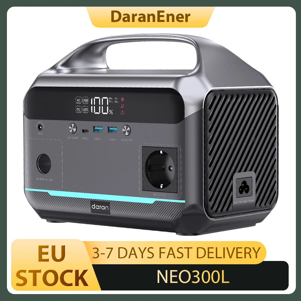 Station d'alimentation portable DaranEner NEO300L, batterie LiFePO4 288Wh, sortie AC à onde sinusoïdale pure 350W, puissance de crête 600W, entrée solaire 100W, USB-C PD 60W, double USB-A 18W, prise allume-cigare 120W, MPPT, BMS, UPS, durée de vie de la batterie 3500+ cycles