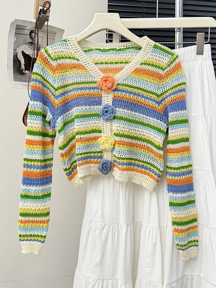 Rainbow Striped V-Neck Hollowed Out Knitted Cardigan For Women Chic Flower Button Sweater Loose Commuter Sun Protection Tops