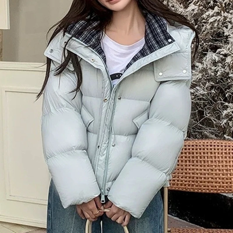 Winter Short Hooded Fluffy Down Jacket Female Thick Warm Zipper Solid Jacket Women White Duck Down Double Pocket Parker Outwears