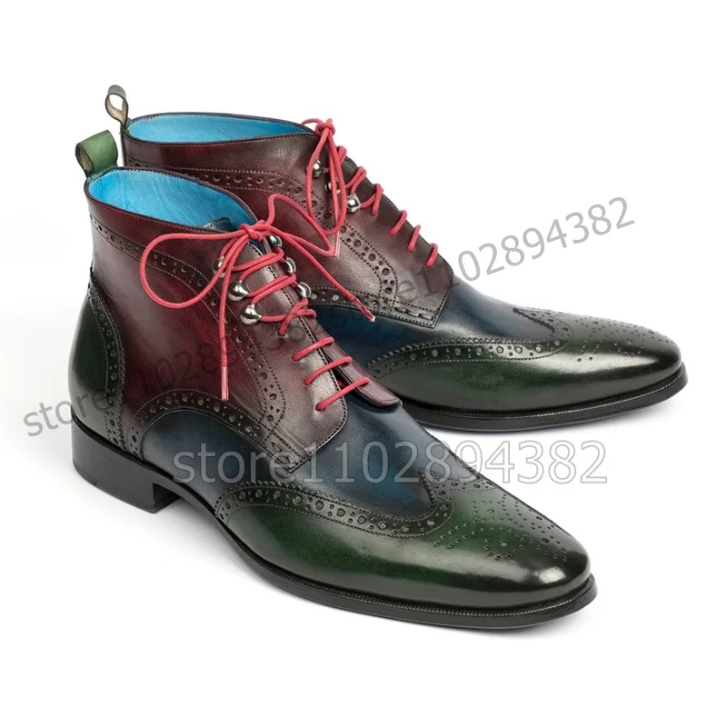 Mixed Color Carving Design Strappy Ankle Boots Fashion Lace up Men Boots Luxurious Handmade Party Feast Banquet Men Dress Shoes