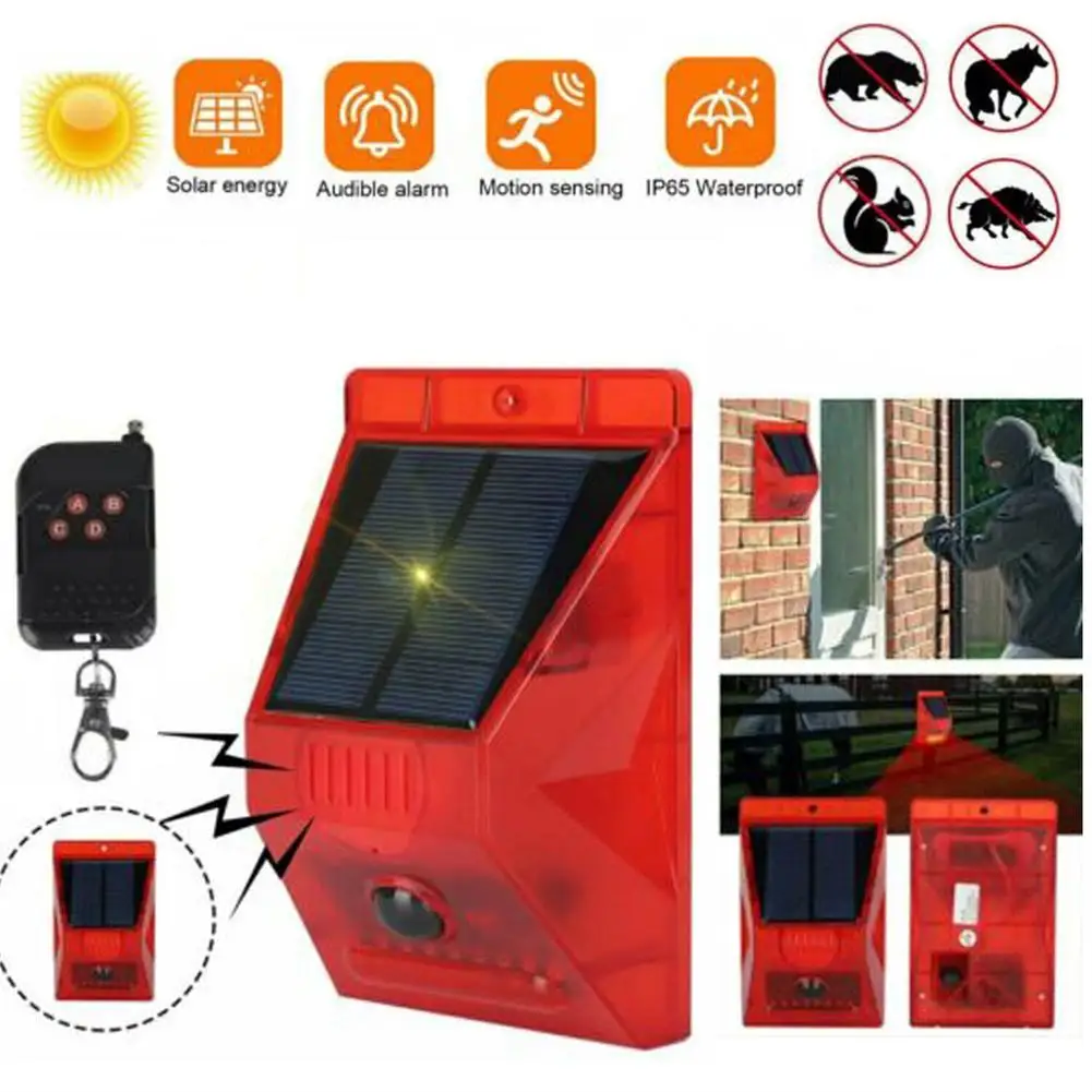 Luz de seguridad Solar con alarma, 4 modos, Control remoto, IP65, impermeable, PIR, LED, Sensor de movimiento, lámpara de luz intermitente con alarma de 129 DB