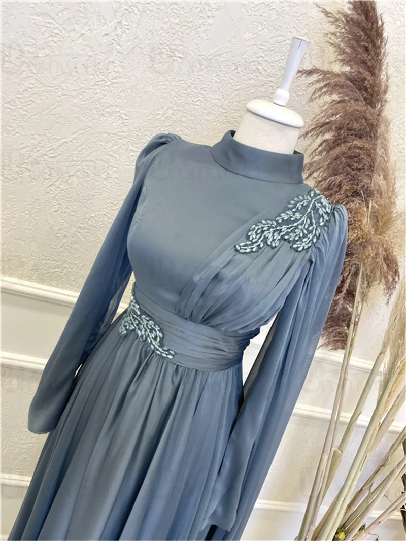 Elegant Muslim Prom Dresses for Women Party Wedding Evening Gowns Chiffon Beaded Long Sleeves Formal Dress Arabic Dubai