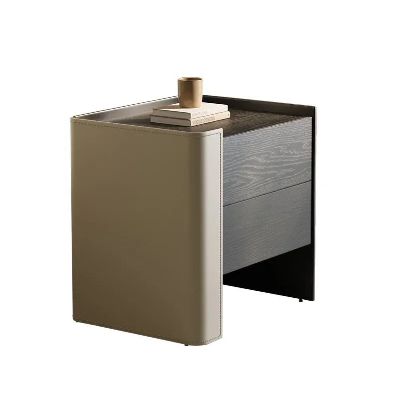 

Italian light luxury solid wood bedside table leather saddle leather smoked color bedside table