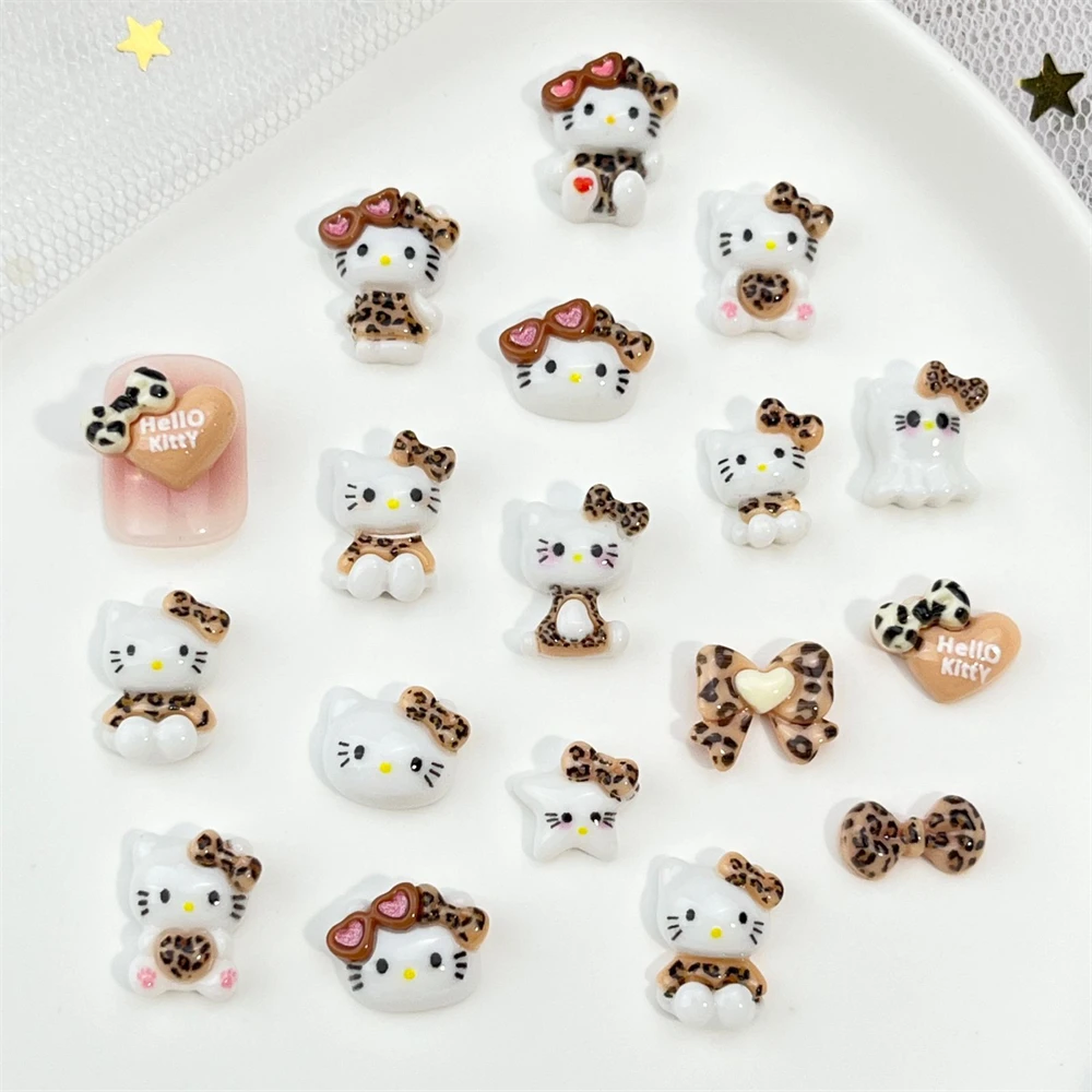 20pc 3D Sanrio Hello Kitty Nail Charms Kawaii KT Cat with Leopard Bow Nail Art Parts Winter Maillard DIY Hairpin Nail Decoration