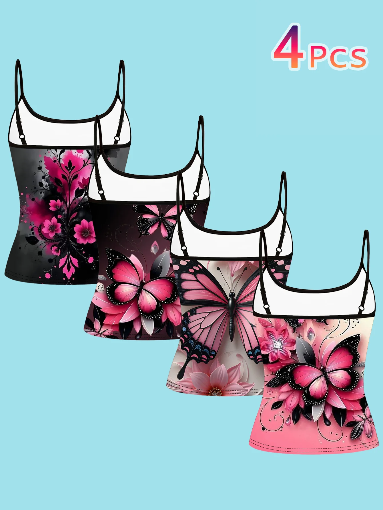 4-Piece Set of Women's Spaghetti Strap Camisoles with Ink-Style Pink Floral Design on a Black Background, Featuring Pink Butterfly Art Print, Slim-Fit Sleeveless Tops