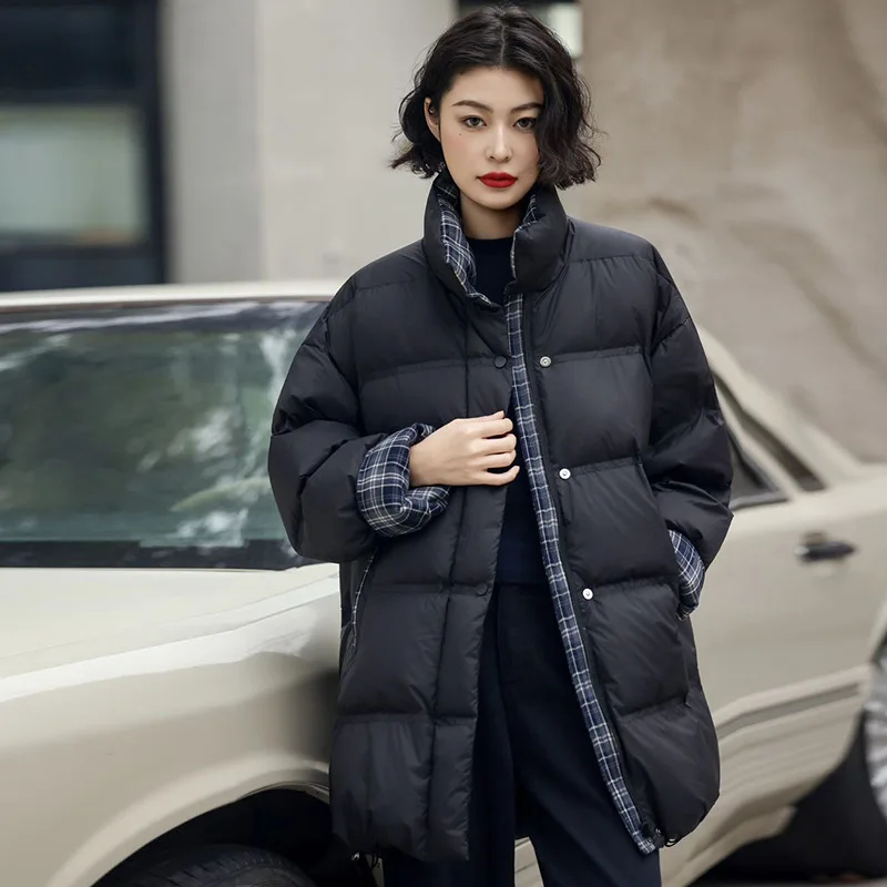 

90 White Duck Down Puffer Jacket Plaid Spliced Down Jacket Women Winter Fashionable Flip Sleeves Thick Mid Length Bread Jacket