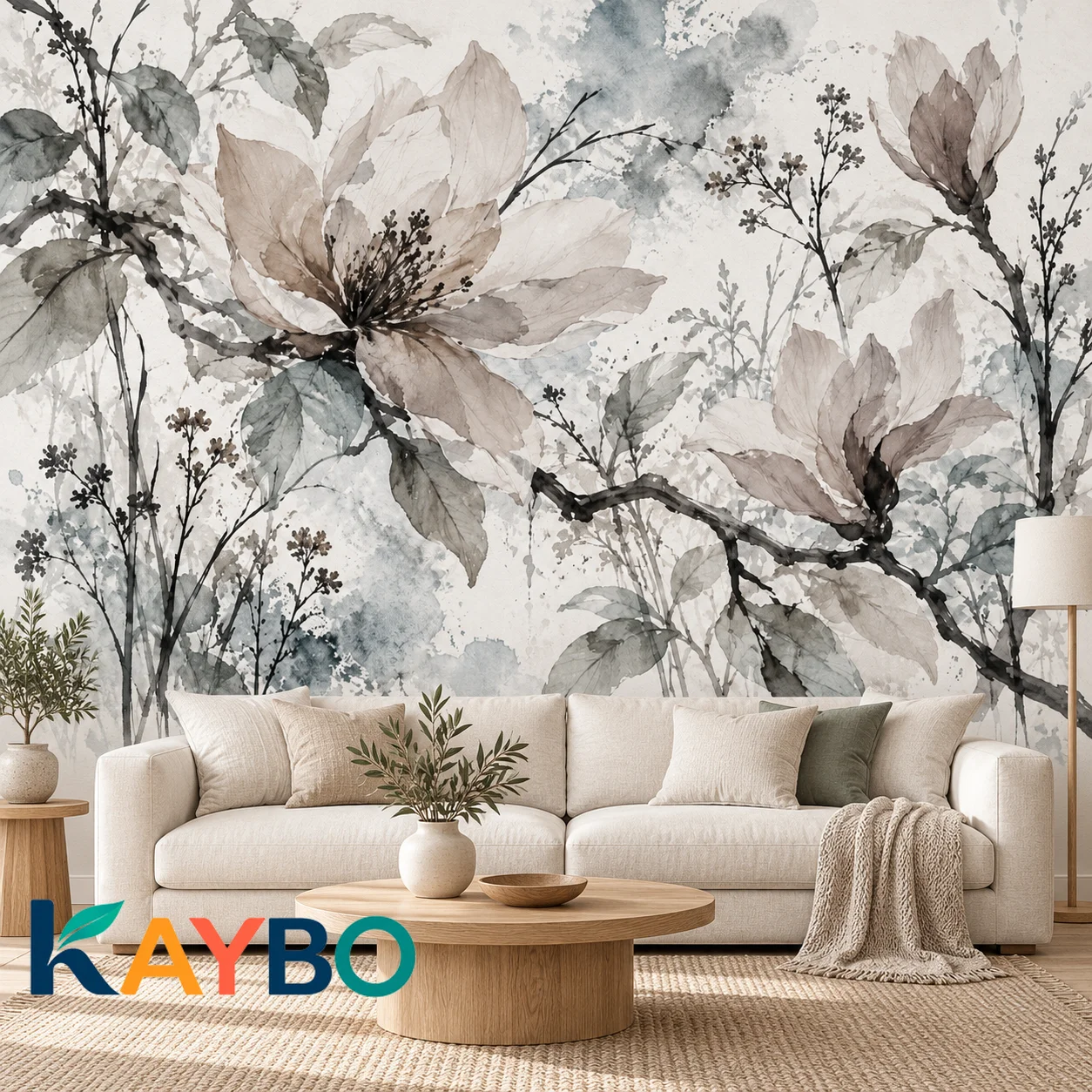 Floral Wallpaper Mural, Magnolia Bloom, Watercolor Botanical Wall Decor, Neutral Vintage Wall Art for Bedroom, Non Self Adhesive