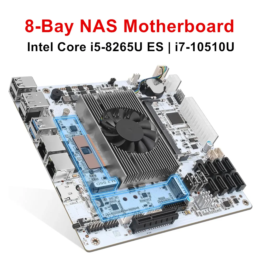 Topton 8-Bay NAS Motherboard Intel Core i7 10510U i5-8265U ES 8xSATA 2xNVMe 2x2.5G LAN 2xDDR4 PCIEX1 Mini ITX Firewall Mainboard