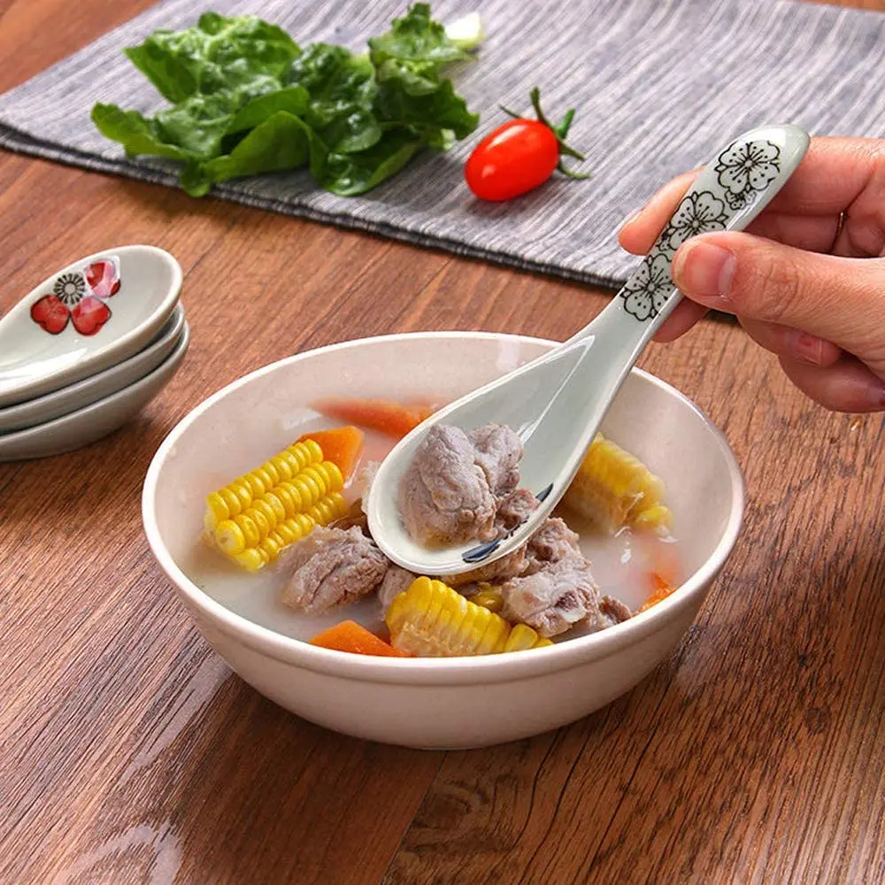 5.5in Ceramic Chinese Soup Spoon Asian Soup Spoon Beautiful Flower Suitable Ramen Cooking Steaming Dumpling Ceramic Tableware