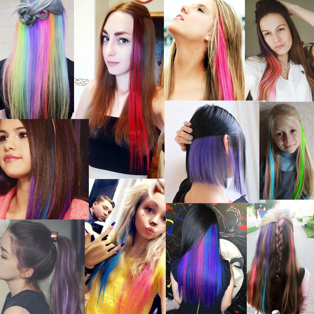 20PCS/Pack Colored Highlight Synthetic Hair Extensions Rainbow 22inch Straight Hairpieces for Women Kids Girls Purple Pink Blue