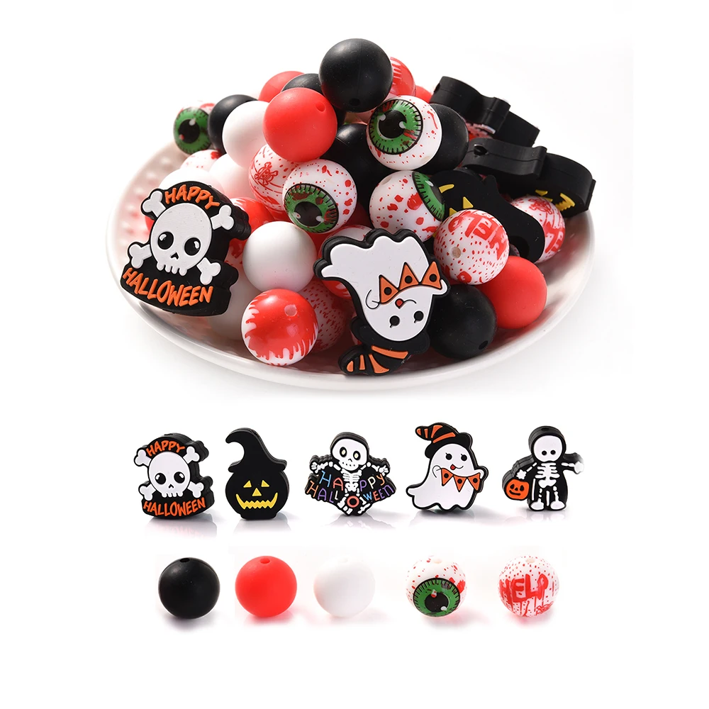 

73Pcs Creative Baby Teether Halloween Silicone Beads Diy Pacifier Chain Bracelet Bpa Free Chew Round Teether Beads Set Accessory