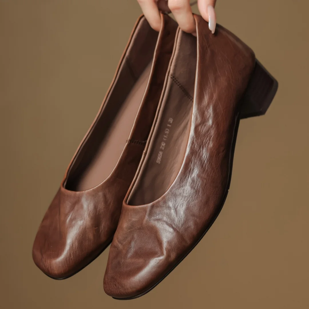

Women's pleated cow leather square toe slip-on pumps 3.5cm thick low heel elegant ladies OL style daily slim dress heeled shoes