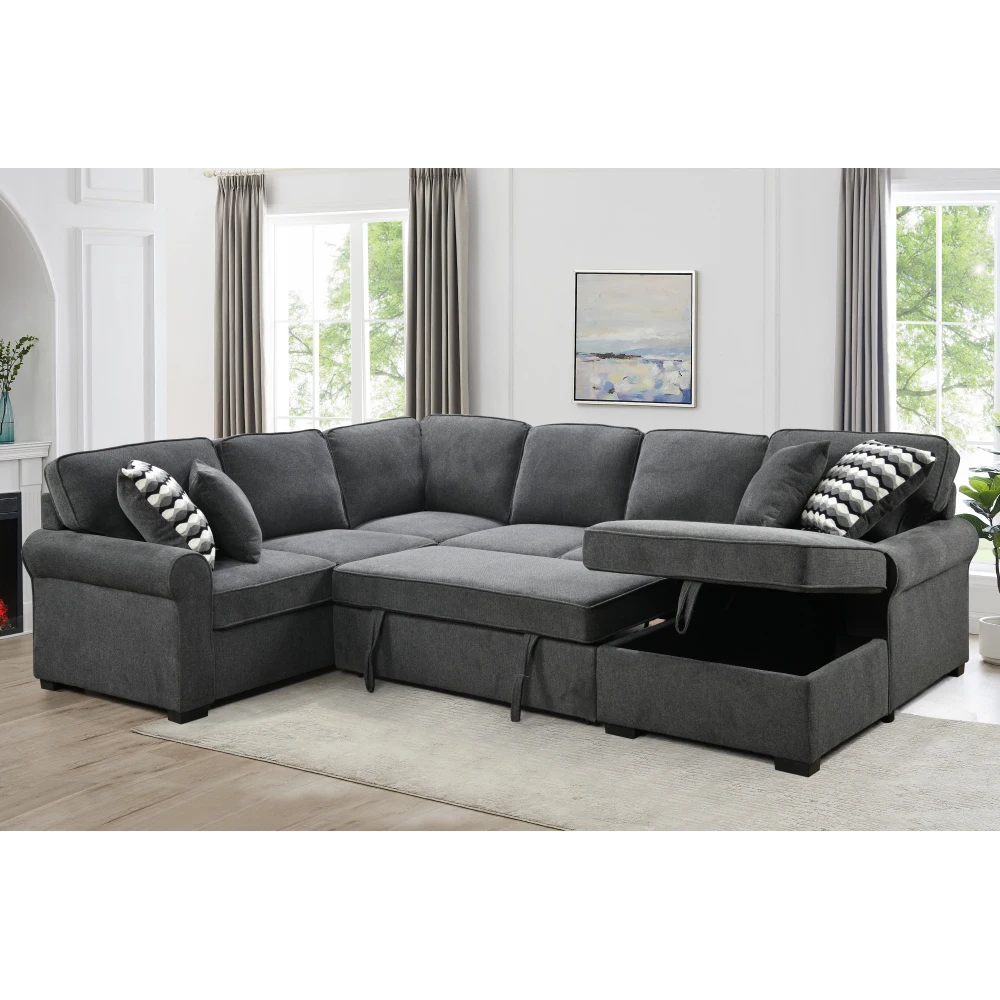 Sectional Sofa with Storage Chaise, U Shaped Sectional Couch, Soft Backrest Cushions, with 4 Throw Pillows for Space Dorm