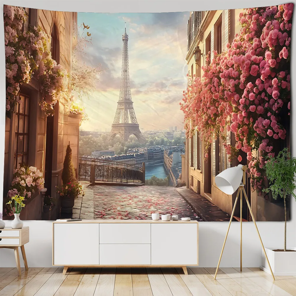 

Eiffel Tower Landscape Tapestry Wall Hanging, Polyester Fabric Decorative Paintings, Living Room Bedroom Theme Party Decoration
