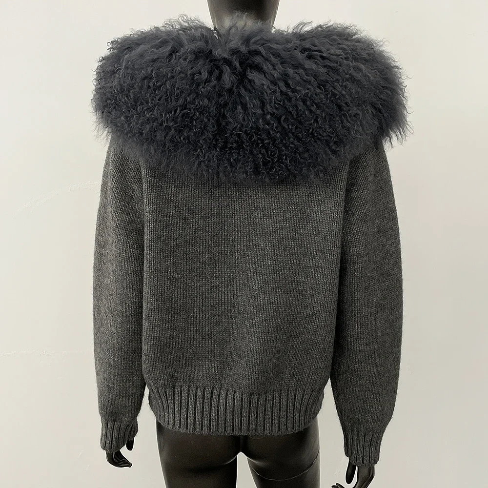 مقنعين الفراء المنغولي الحقيقي تريكو معطف الفرو الحقيقي أزياء المرأة سترة ربيع الخريف الشتاء الدافئة الإناث عارضة محبوك سترة #5