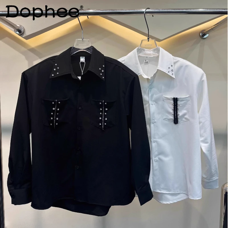 2025 New Small Fragrant Diamond Lapel Long Sleeve Shirts Men's Loose Comfort Niche Metal Design Ribbon Top Shoulder Padded Shirt