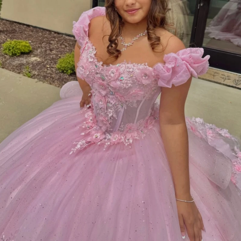 Pink Glitter Quinceanera Dresses Off Shoulder Ball Gown Sweet 16 Dress Applique Flower Beads Tull Corset Party Birthday Vestidos