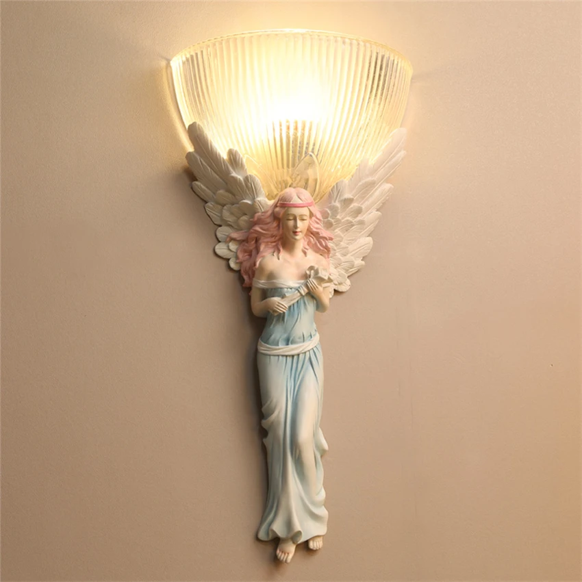 European angel wings resin wall lamps bedroom living room wall sconces lights pastoral staircase aisle decorative glass lamps