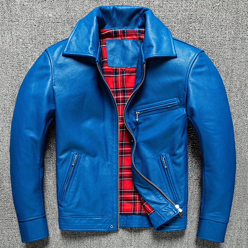 European Style Calfskin Leather Motorcycle Coat Fashion Blue High Quality Cowhide Jacket Plaid Pattern Plus 5XL Street Overcoats