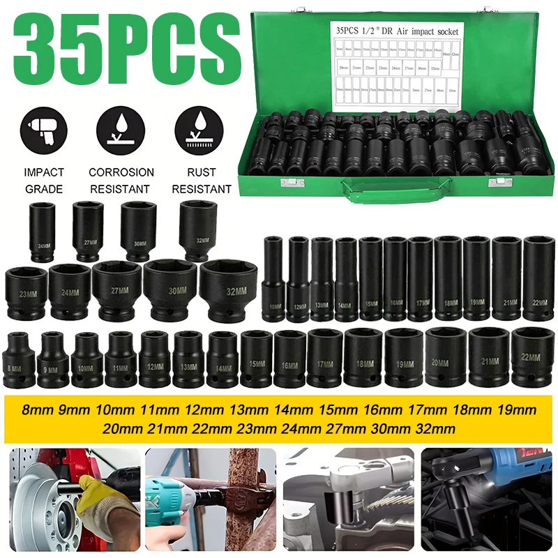 35pcs Professional Heavy-Duty 1/2" Pneumatic Tool Kit with Air Gun, Hex Extensions, Rotary Tools & Impact Socket Set