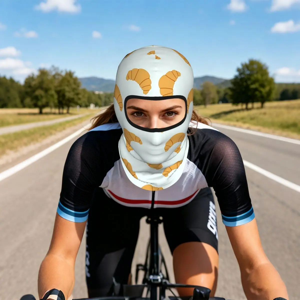 Cute Croissant On Blue Background Breathable Thin Balaclava Full Face Mask Sun Protection Neck Gaiter For Motorcycle Cycling