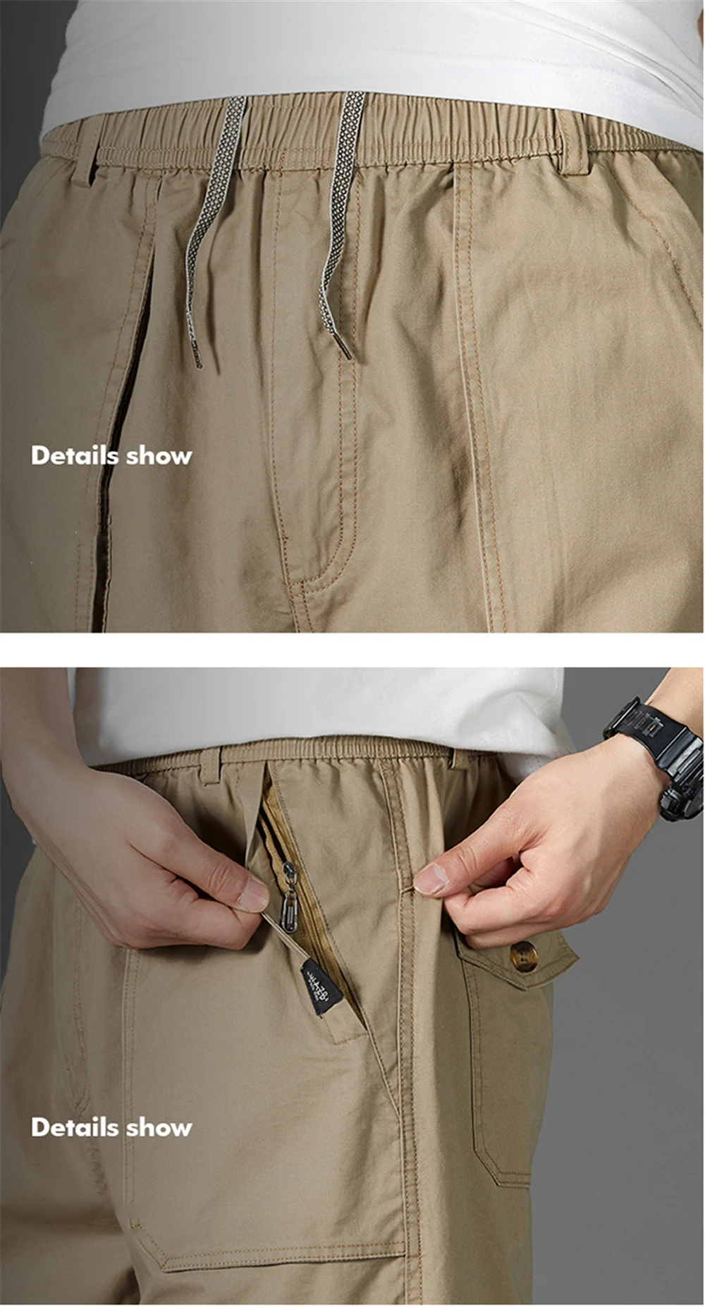 Mens Cargo Pants Drawstring Casual Hiking Pants Joggers Trousers Cotton Loose Straight Sweatpants Lightweight Outdoor Trousers