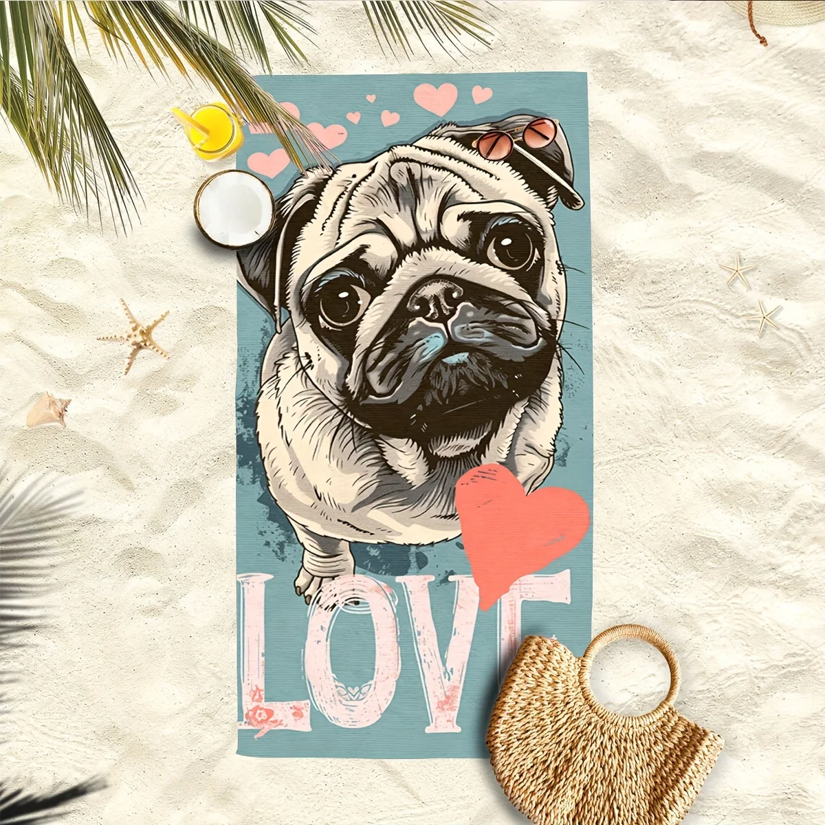 

Cute dog-themed with love elements polyester microfiber beach towel is highly absorbent, suitable for swimming and beach outings