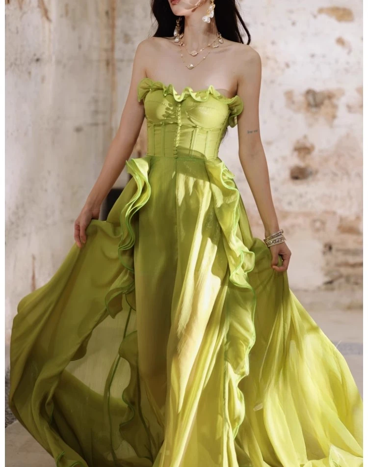 green strapless sleeveless elegant women dress lace-up summer holiday party clothing lady ruffles maxi vestidos bodycon