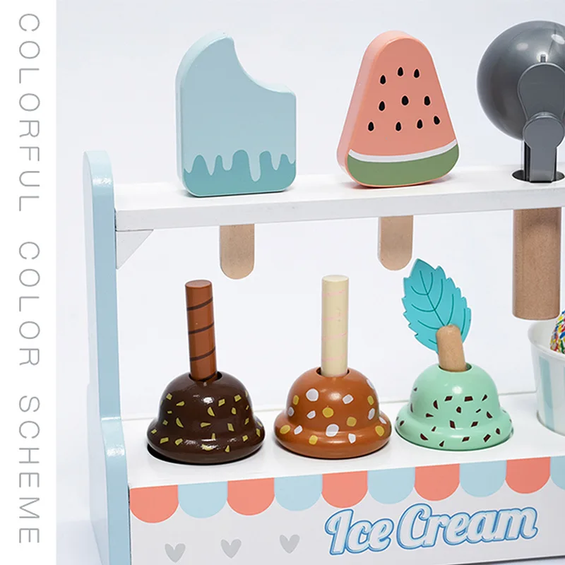 Wooden Play House Children's Simulation Ice Cream Counter Maker Cake Cone Dinner Food Miniatures Kitchen Game for Girls Toy Set