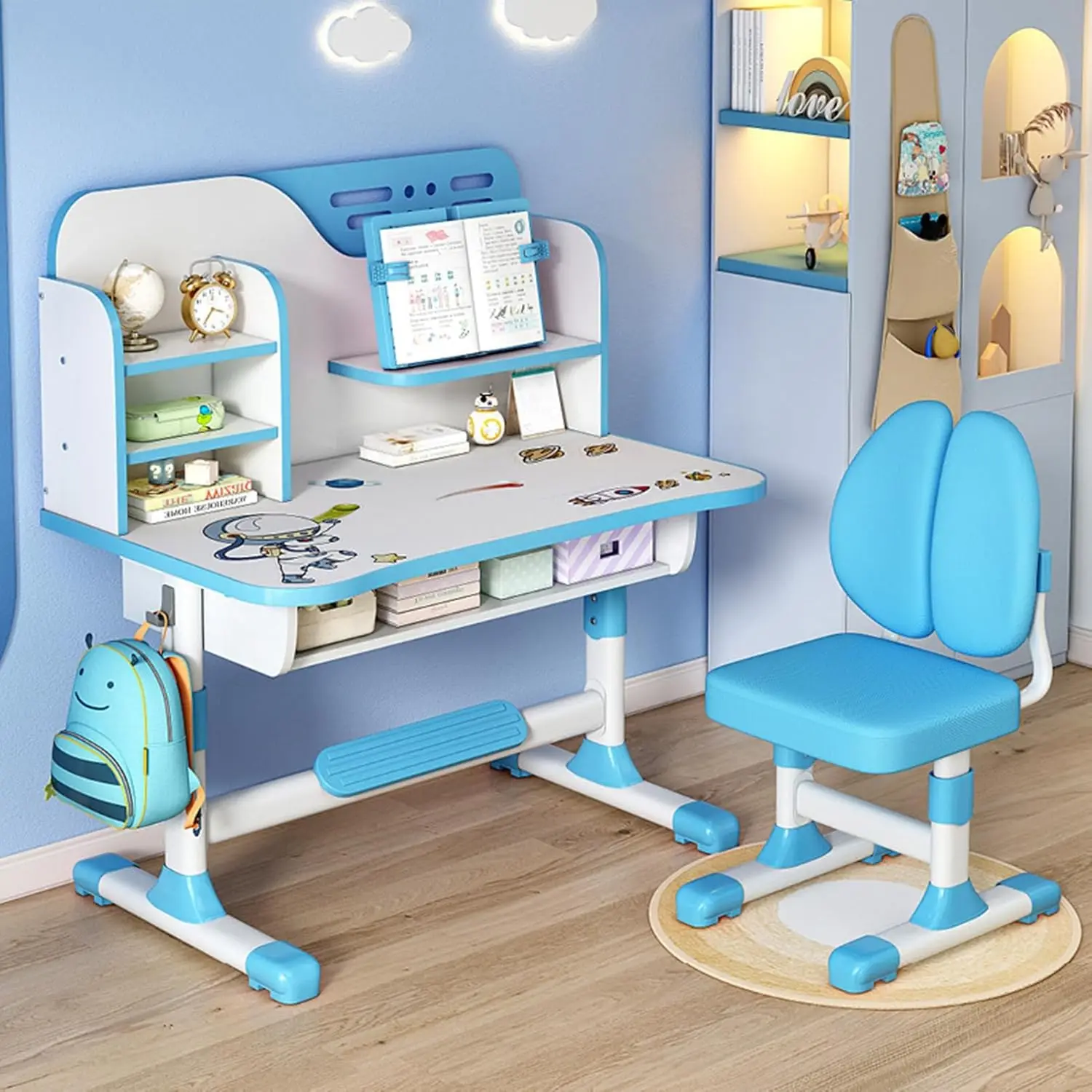 

Kids Study Desk ChairAdjustable Children's Desk and Chair School Study Table Chair with Astronaut