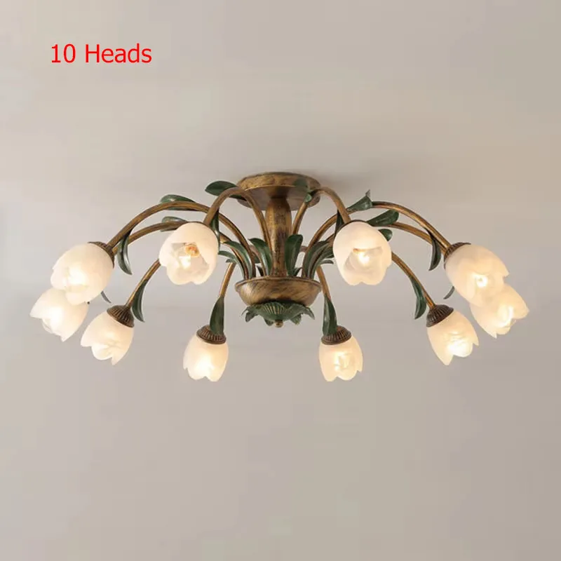 10 Heads Modern Romantic Pastoral Style Bedroom  White Ceiling Lamps American Vintage Glass Villa Living Room Corridor Led Light