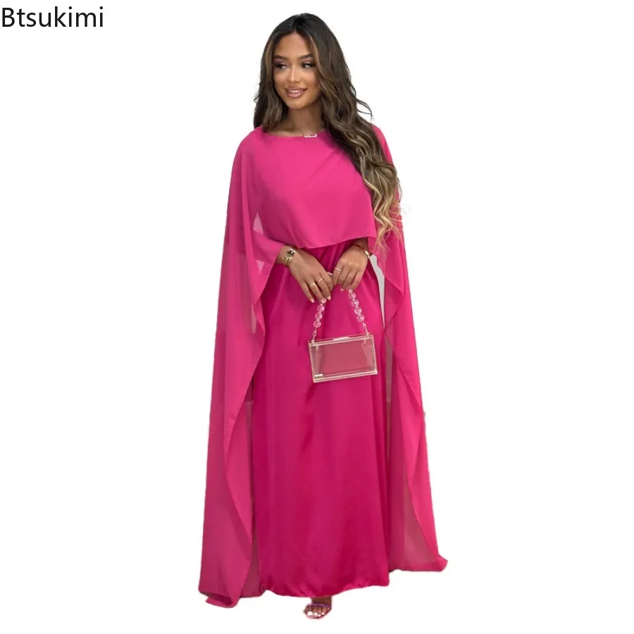 New Women\'s Solid Elegant Maxi Dress Cape Sleeve Patchwork Formal Evening Dresses Muslim Fashion Abayas Women Chiffon Party Robe