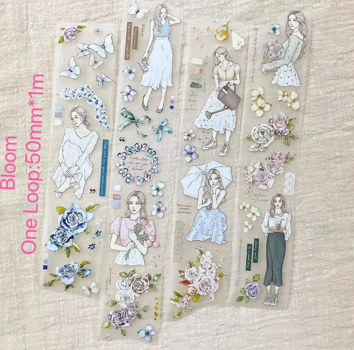 1 Lus-100Cm Mooie Pion Elegante Dame Meisje Bloemenlijsten Washi Pet Tape Planner Diy Scrapbooking Decoratieve Plansticker