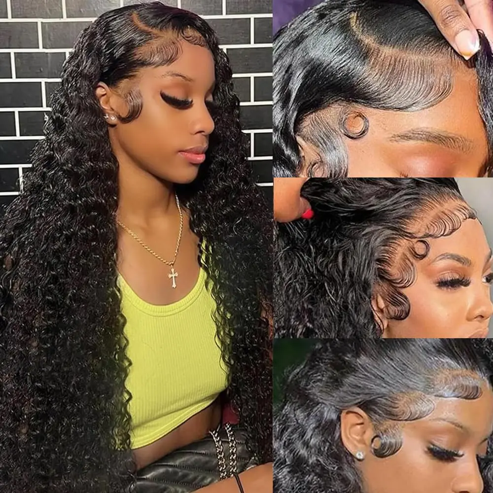 

28Inch Deep Wave Lace Front Wigs Human Hair 180% Density Curly Wig for Black Women 13x4 Lace Frontal Glueless Wigs Natural Black