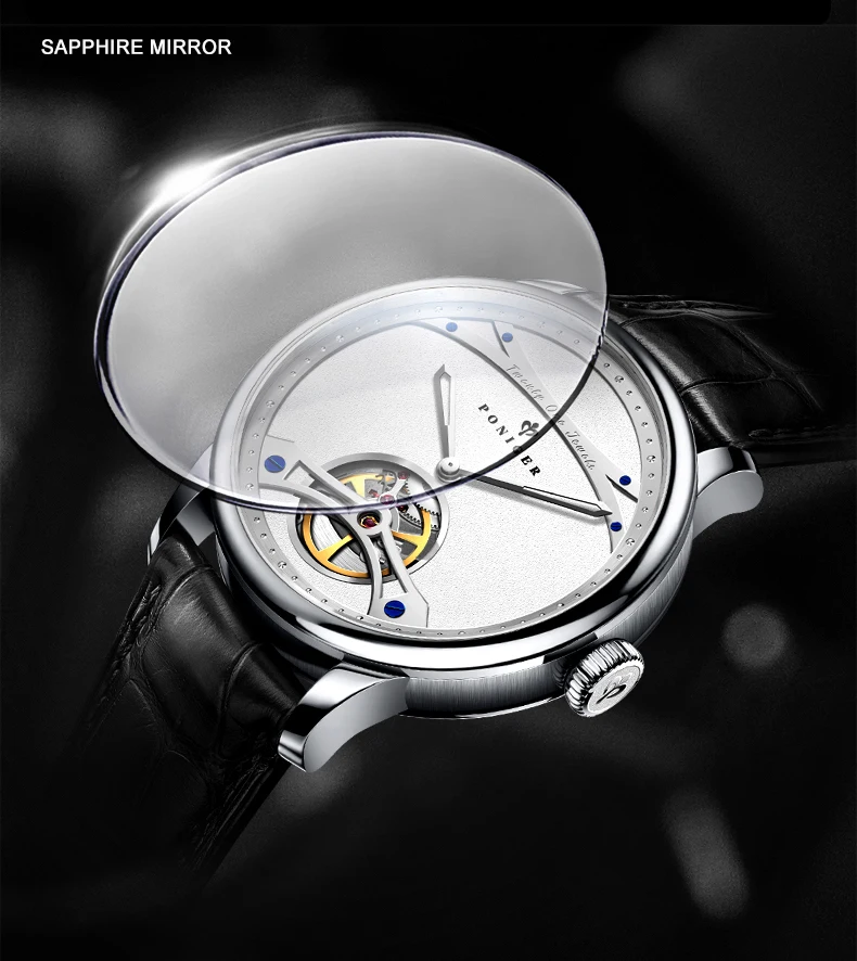 PONIGER Men Automatic Watch 41.5mm Luxury Mechanical Wristwatch Sapphire Luminous 5ATM Waterproof Skeleton Dial