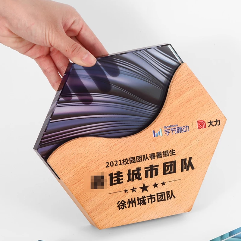 

Customized Hexagonal Crystal Trophy, Company Annual Meeting Excellent Employee Souvenirs Home Decoration, Wooden base Medal, 1Pc