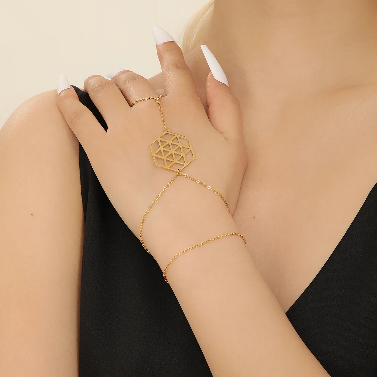 QIAMNI Origami 24 Carat Geometric Pendant Chain Bracelet Trendy Connected Finger Ring Bracelet for Women Girl Elegant Party Gift