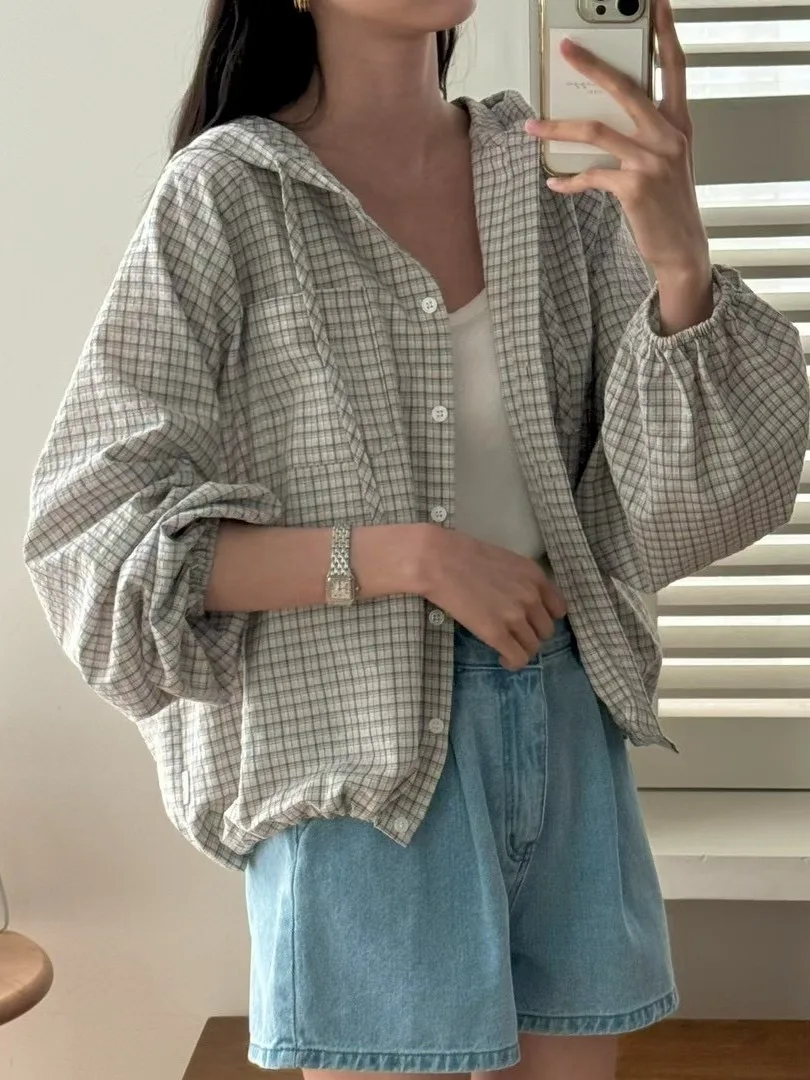 Rétro Plaid à capuche irt Jaet femmes coréen Sle début automne nouveau Cardigan ouvert irt Ele simple bouton Long Sve haut
