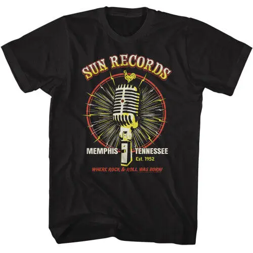 Sun Records Microphone Burst Black Adult T-Shirt  High Quality 100%Cotton Short Sleeve