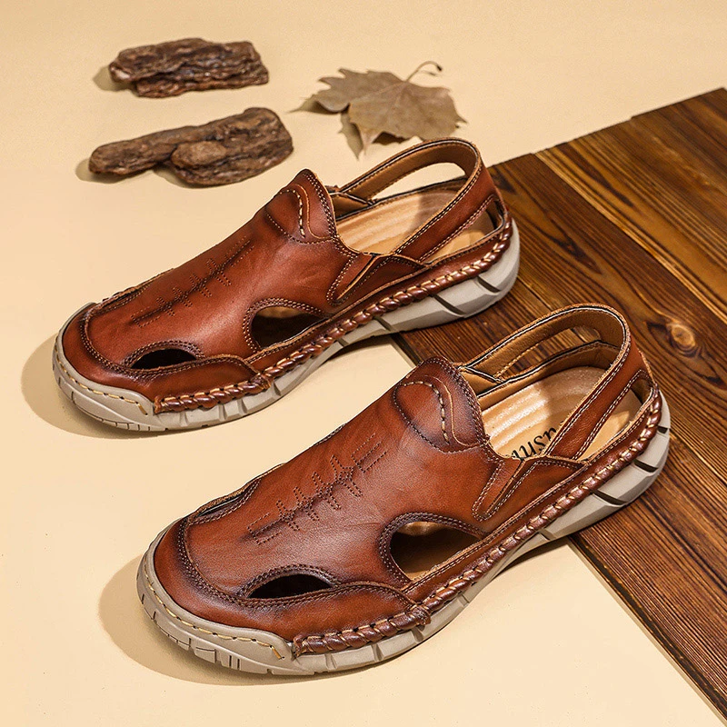 

Мужские пляжные сандалии для активного отдыха на природе с дышащей сетчатой вставкой из натуральной кожи, противоскользящие и износостойкие, летние, повседневные.