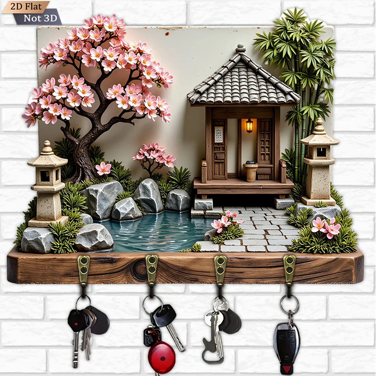 2D Flat, 1pc, Japanese Garden Cherry Blossom Stone Lamp Key Hook Wooden Multi-functional Home Keys Holder with Four Metal