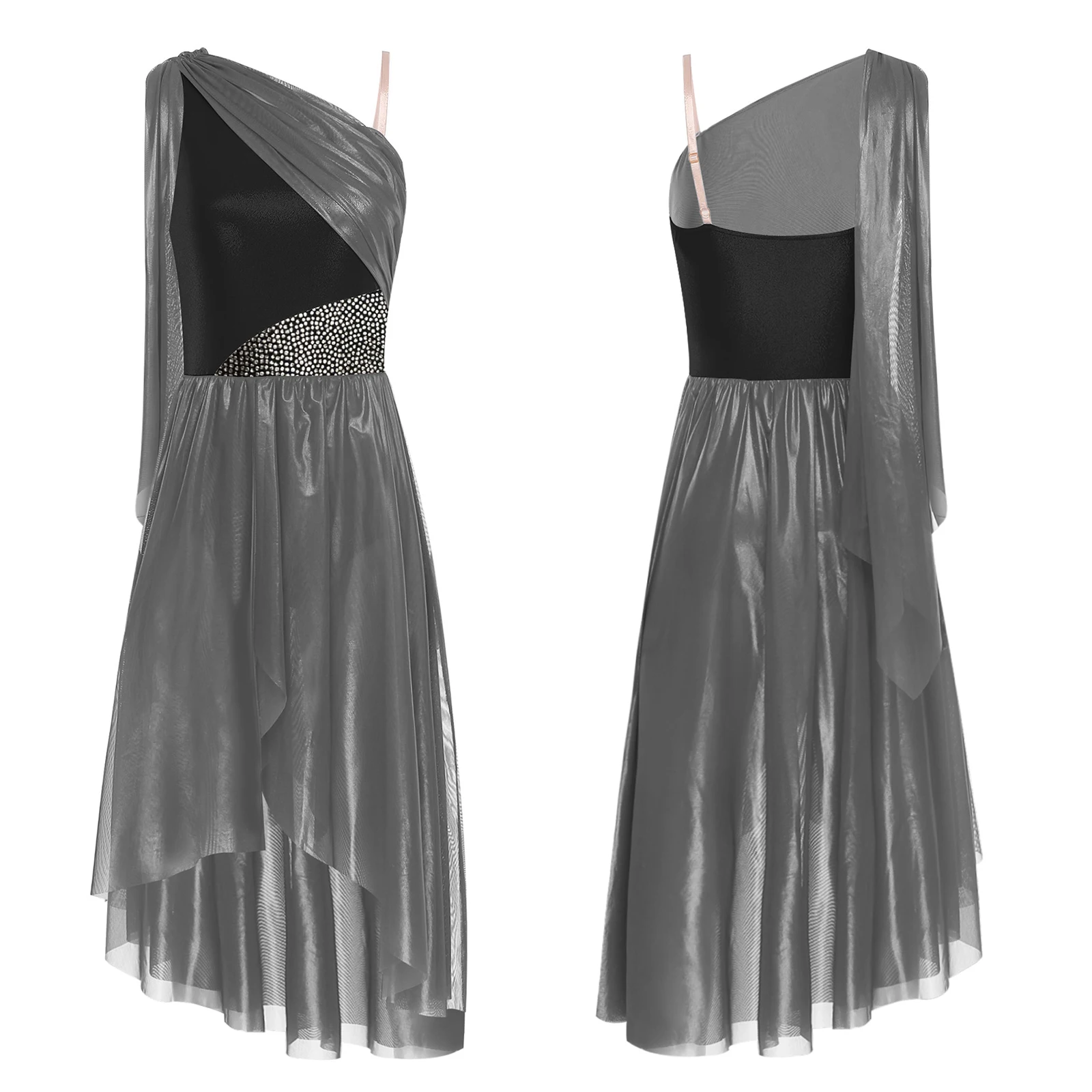 Vestido feminino contemporâneo de dança lírica, fantasia sem mangas com babados, cor metálica, bloco assimétrico, vestido de tule dividido