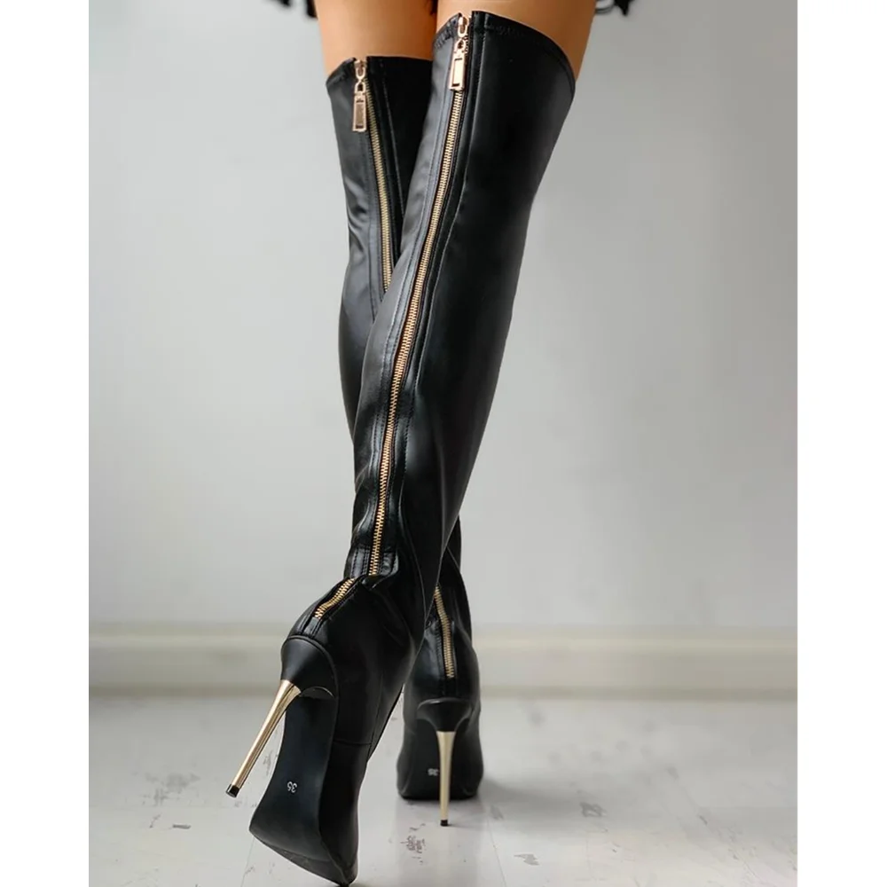 11.5cm Ultra High Heel Over The Knee Boots Black PU Pointed Toe Thigh High Boots with Back Zip Closure Autumn Winter Women Shoes