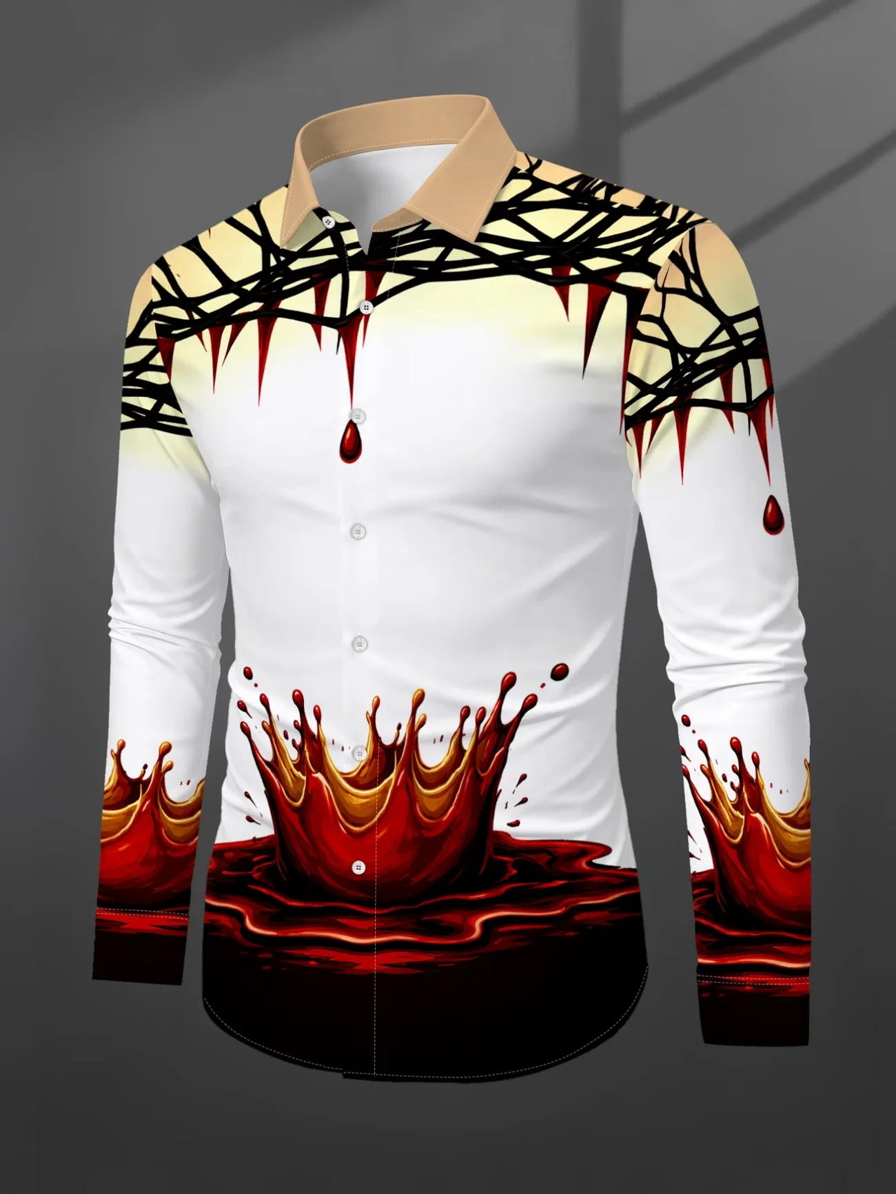 New black gold gradient leopard print glitter print men's long sleeved shirt, light luxury slim fit casual shirt